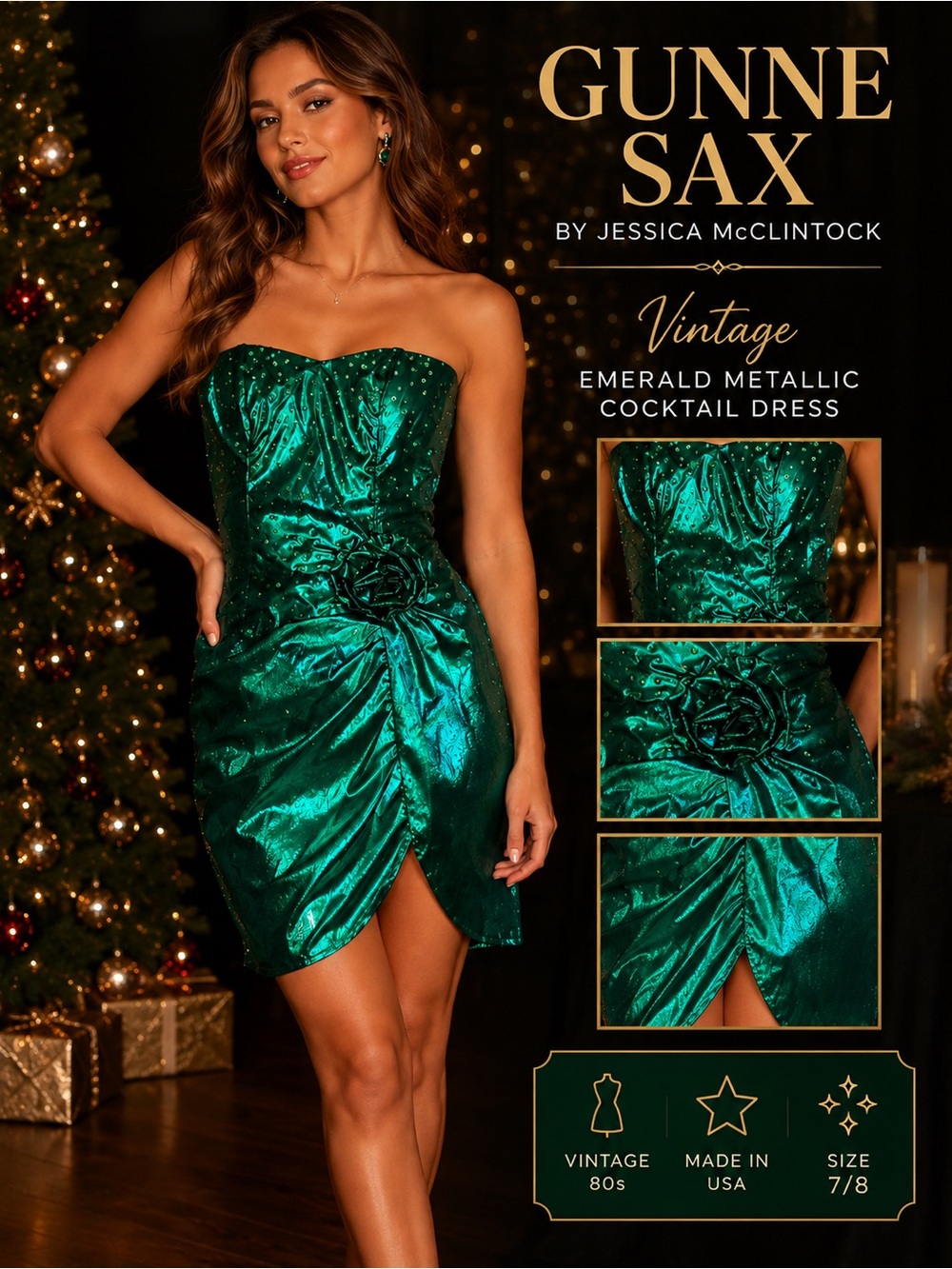 Vintage Gunne Sax Jessica McClintock Emerald Metallic Strapless Cocktail Dress